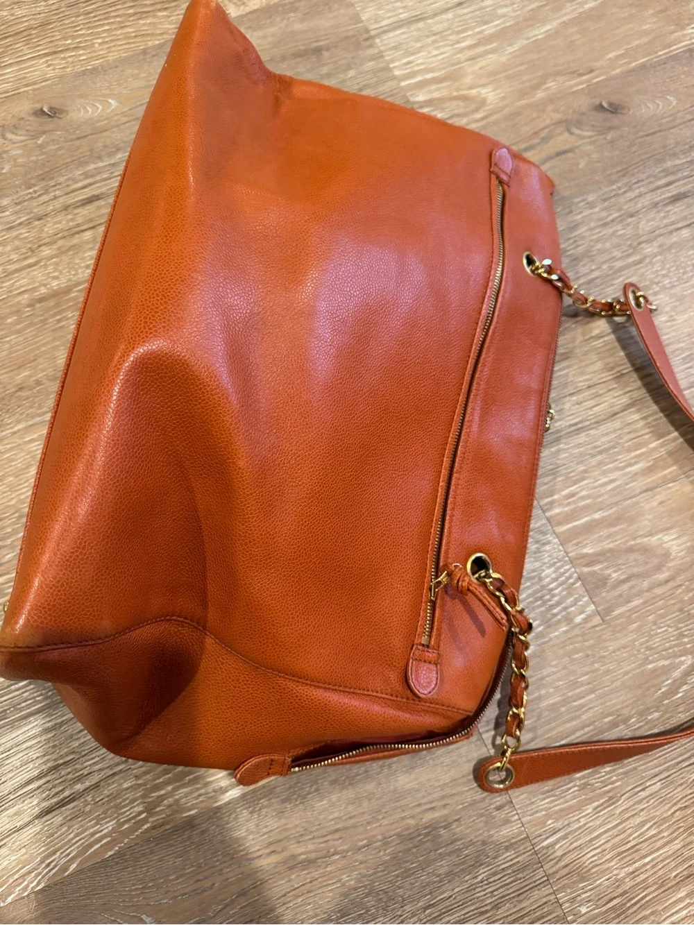 CHANEL Orange Leather Double-C Tote with Gold Chain Straps